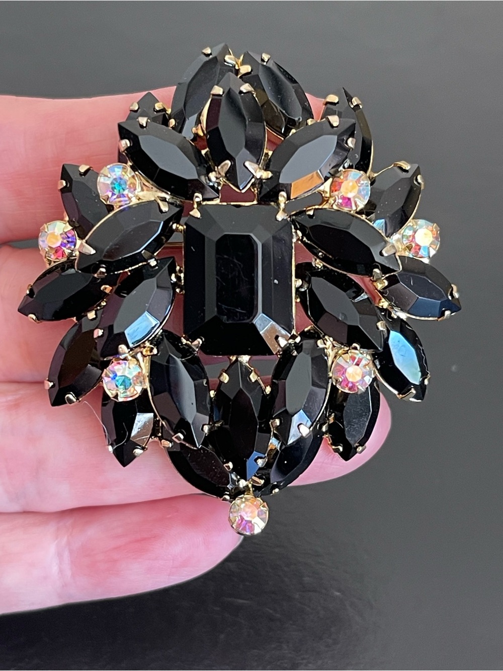 Vintage Juliana D&E Black Crystal and AB rhinestone Floral Brooch.